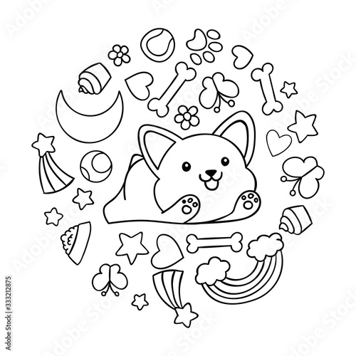 Coloring pages, black and white cute kawaii hand drawn corgi dog doodles, circle print ,