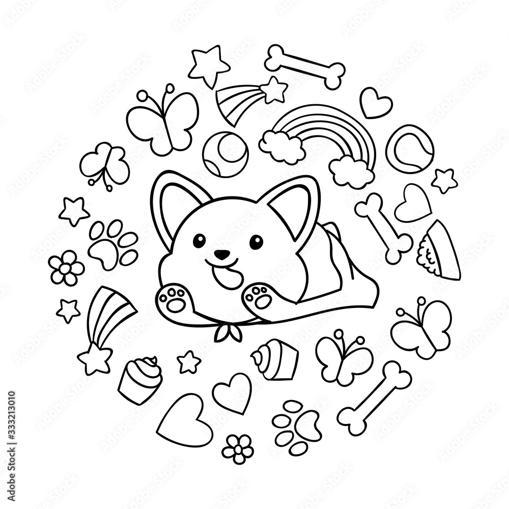 Coloring pages, black and white cute kawaii hand drawn corgi dog ...