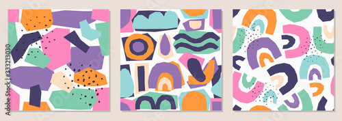 Set of seamless pattern background with abstract paper cut shapes, contemporary collage style