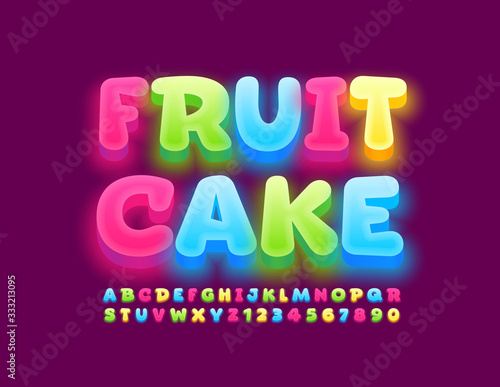Vector colorful sign Fruit Cake. Bright glowing Font. Creative funny Alphabet Letters and Numbers