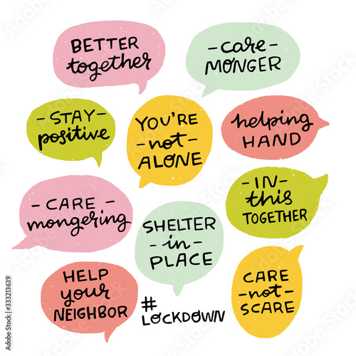 Set of hand lettering messages for stay home campaign. Positive inscriptions for Covid-19 epidemic, hashtags in speech bubbles. Self-isolation, lockdown phrases for social media, stickers, tags