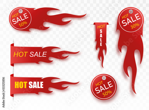 Flat linear promotion fire banner, price tag, hot sale, offer, price. Vector illustration set