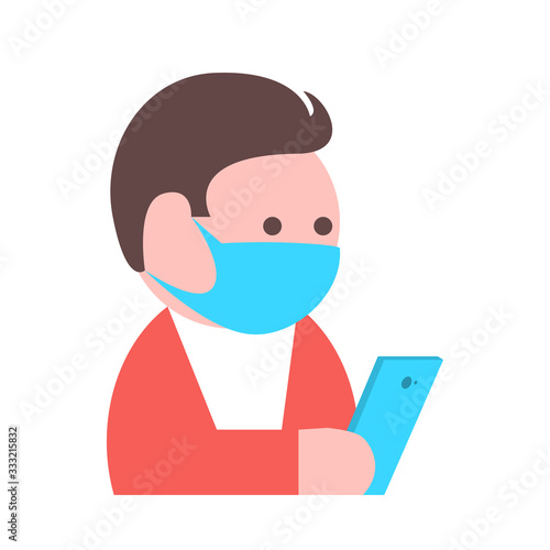 A man in a protective mask during an epidemic or quarantine. In the hands of a smartphone. Vector isolated illustration.