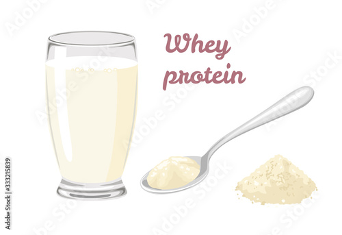 Whey protein powder in spoon isolated on white background. Drink with whey protein in glass. Stock vector illustration in cartoon simple flat style. 
