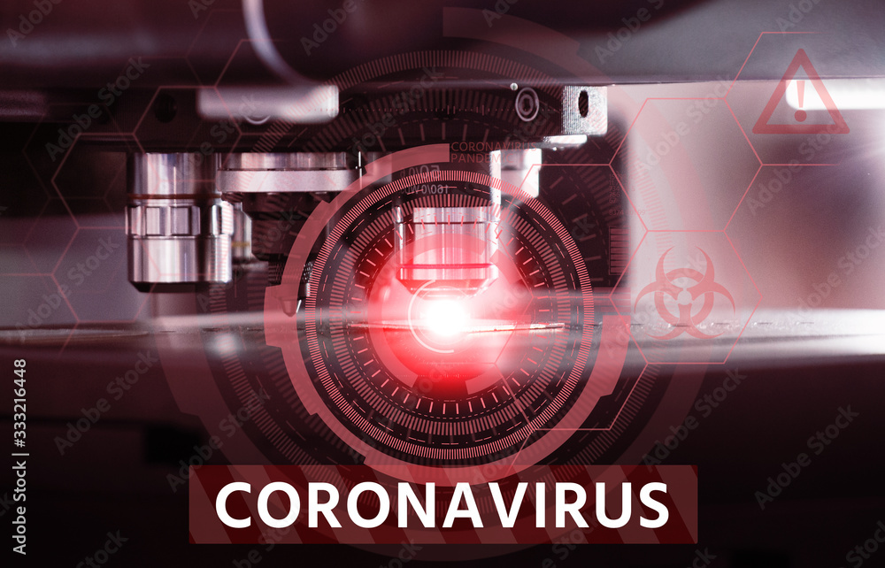 Microscope in the laboratory for the detection of coronavirus. Infographics