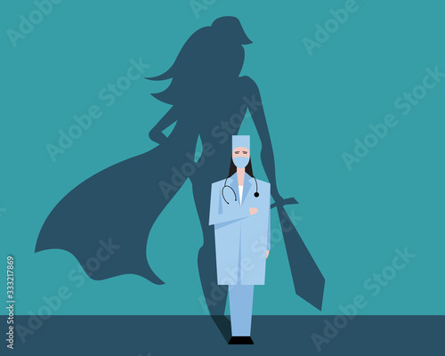Super woman doctor or nurse. Hospitals superhero fighting for life. Thank you medical personal for work. Vector illustration concept.
