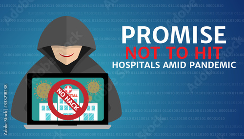 Ransomware Groups Promise Not to Hit Hospitals Amid Pandemic, No hack on hospital in laptop screen, Hacker at laptop, binary code background, Coronavirus, covid-19.