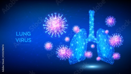 Lung virus. Abstract low polygonal Covid-19 virus cells in human lungs. Infected Coronavirus 2019-nCov lungs medical concept. Lung disease, pneumonia, asthma, cancer, tuberculosis. Vector illustration
