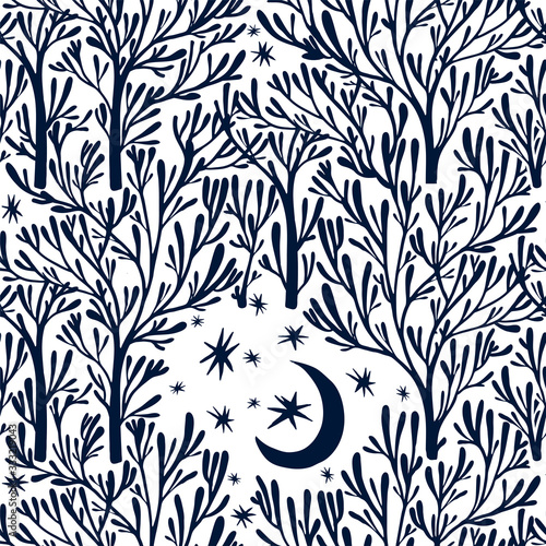 Nature seamless pattern background with forest trees, stars, moon.