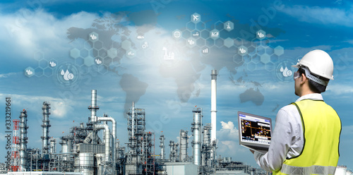 Industry 4.0 of oil and gas refining process of refinery plant, Double exposure of engineer working, Industrial energy system network icons concept.