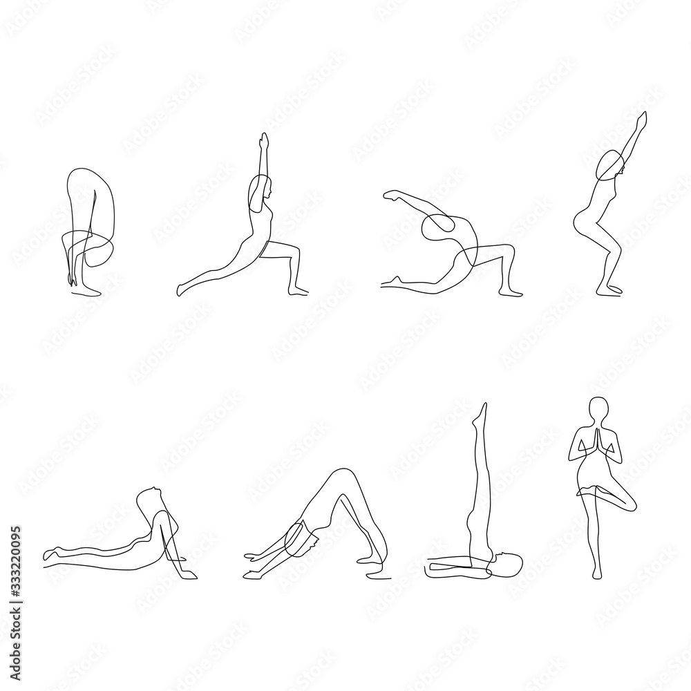 Drawing by one line set of various yoga pose training. Can be used on banner or web. Vector illustration isolated on white background.