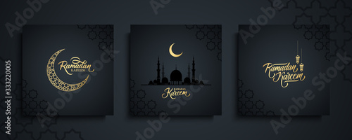 Ramadan Kareem greeting cards set. Ramadan islamic holiday invitations templates collection with gold crescent moon, hand drawn lettering and mosque. Vector illustration.