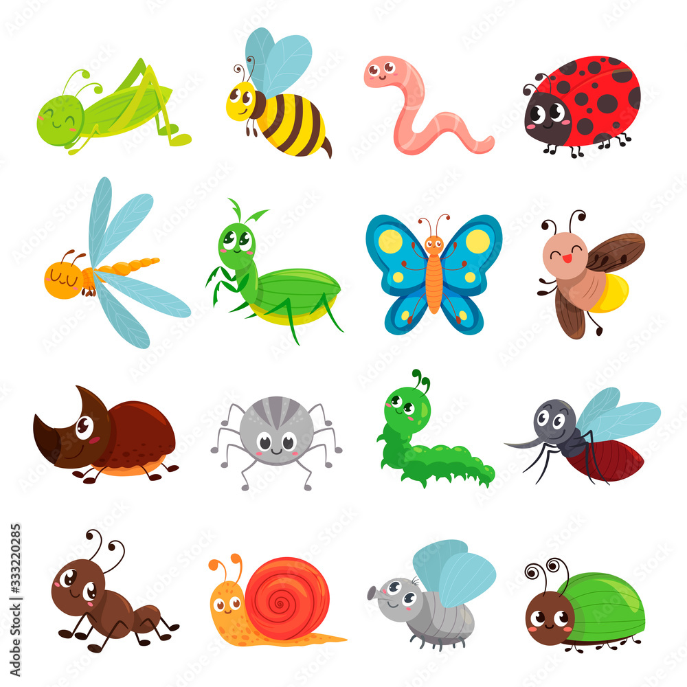 Funny insect set, bug, beetle, butterfly symbol