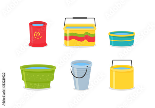 Colored plastic buckets.