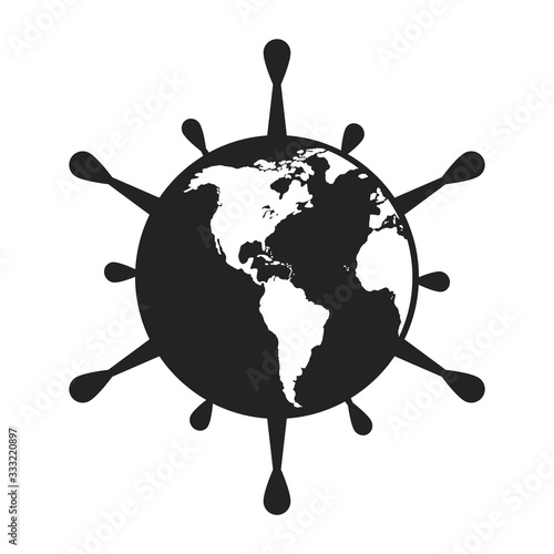 Earth with virus. World virus infection icon. Coronavirus cells on globe. Pandemic. Flat style. Isolated on white background. 