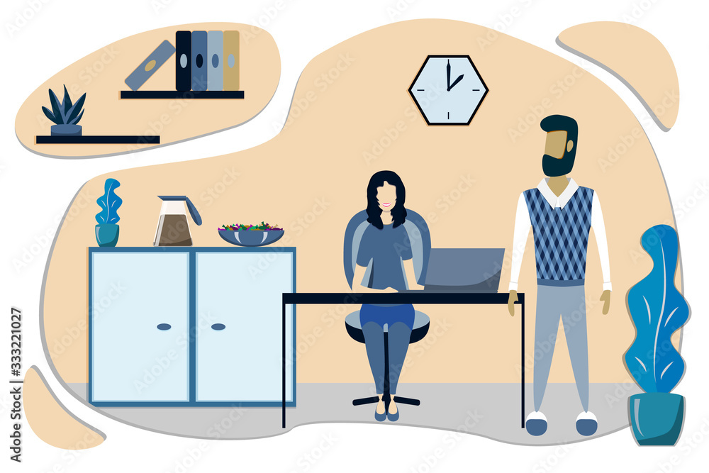 Reception girl and man coworking office interior room receptionist with administrator and visitors vector graphic design Reception girl and man coworking office interior room receptionist with administrator and visitors vector graphic design