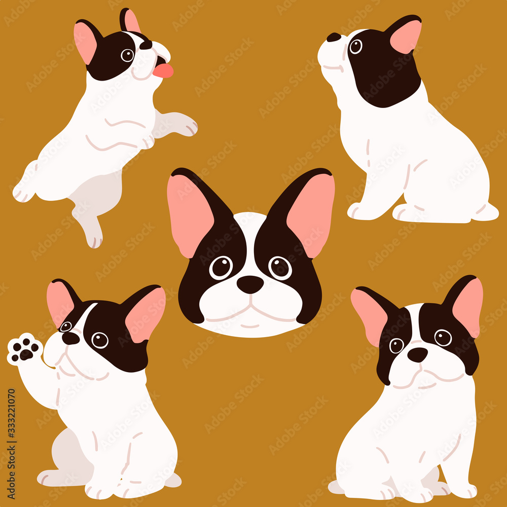 Set of flat colored French Bulldog illustrations