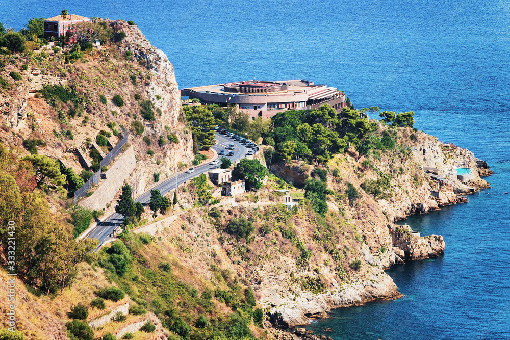 Road in Taormina and Mediterranean Sea Sicily
