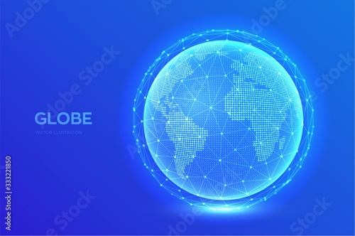 Earth globe illustration. World map point and line composition concept of global network connection. Blue futuristic background with planet Earth. Internet and technology. Vector illustration.