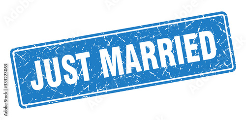 just married stamp. just married vintage blue label. Sign