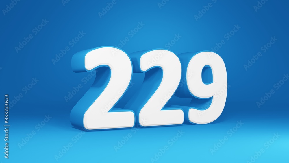 Number 229 in white on light blue background, isolated number 3d render Number 229 in white on light blue background, isolated number 3d render