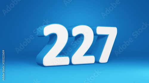 Number 227 in white on light blue background, isolated number 3d render