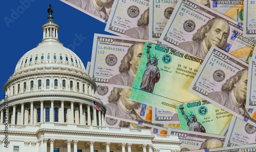 Washington DC Capitol dome with finishing touches on a stimulus bill USA dollar cash banknote on American flag Global pandemic Covid 19 lockdown