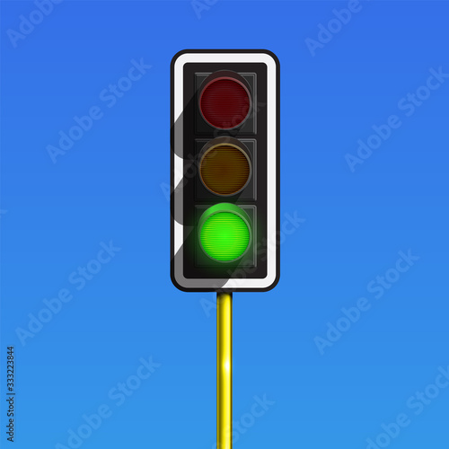 Realistic traffic lamp on a pole with all the lamps glowing, vector illustration