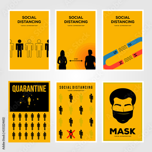 set of social distancing viruses prevention and quarantine isolation minimalist poster illustration design