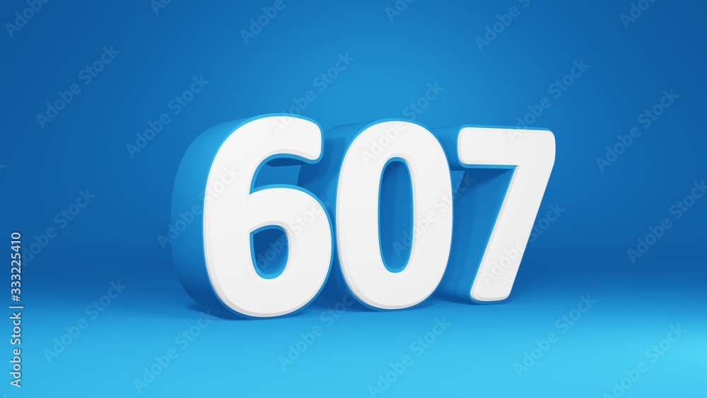 Number 607 in white on light blue background, isolated number 3d render Number 607 in white on light blue background, isolated number 3d render