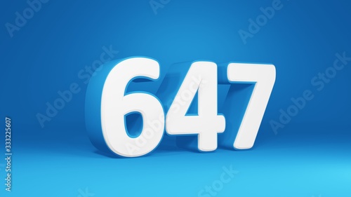 Number 647 in white on light blue background, isolated number 3d render