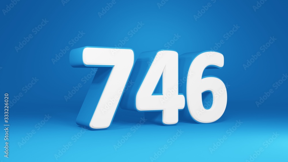 Number 746 in white on light blue background, isolated number 3d render