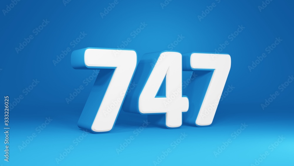 Number 747 in white on light blue background, isolated number 3d render Number 747 in white on light blue background, isolated number 3d render