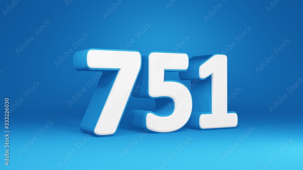 Number 751 in white on light blue background, isolated number 3d render Number 751 in white on light blue background, isolated number 3d render