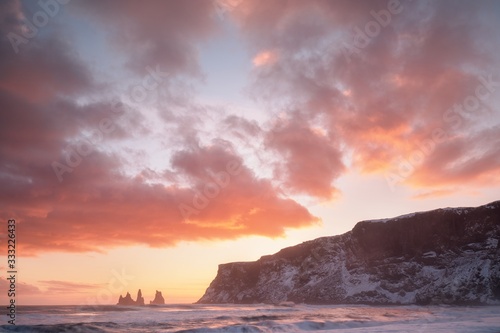Iceland in winter. Beautiful colorful sunset on the beach. © Michal