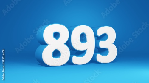 Number 893 in white on light blue background, isolated number 3d render