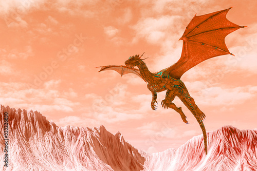 red hell dragon floating and landing on hot land