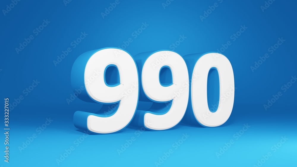 Number 990 in white on light blue background, isolated number 3d render Number 990 in white on light blue background, isolated number 3d render