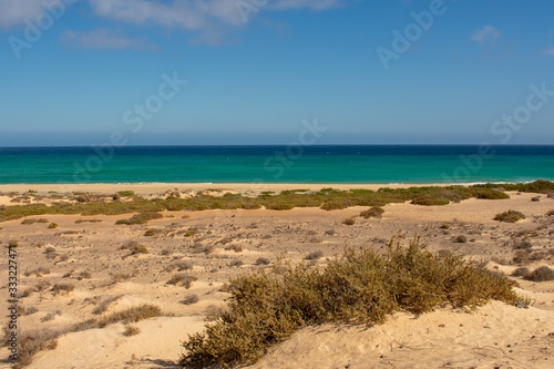 Fuerteventura  Canary Islands  Spain. Beautiful landscape of mountains  beach and coast of Atlantic Ocean 