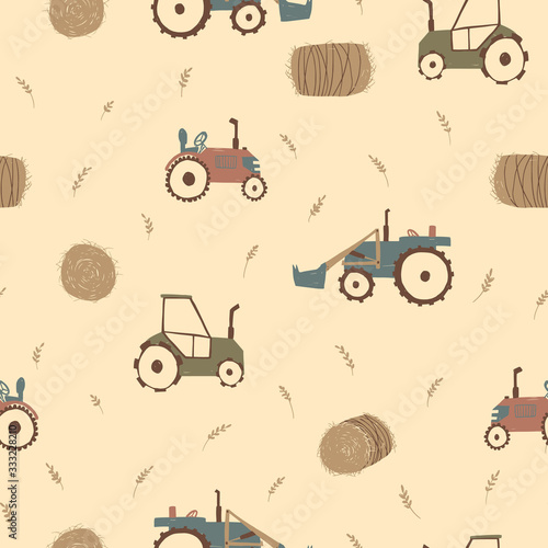 Tractor and haystack vector seamless pattern.  Cute farm pattern for kids on yellow background. Cartoon childish tractor, machine, hay for wrapping paper, fabric, textile, wallpaper, home decor