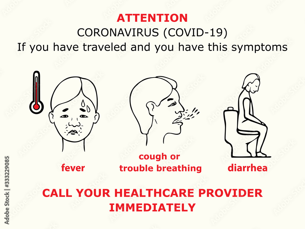 Fever, cough or trouble breathing, diarrhea icon, coronavirus covid19