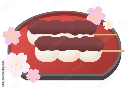 こしあん団子と赤いお盆と桜