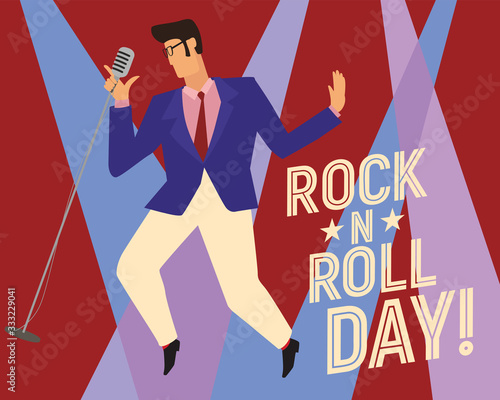 Postcard Rock and roll day. Stylish vintage guy with a microphone. Vector hand drawing full color