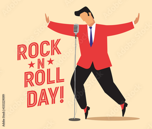 Rock and roll day poster. Stylish vintage guy with a microphone. Vector hand drawing full color