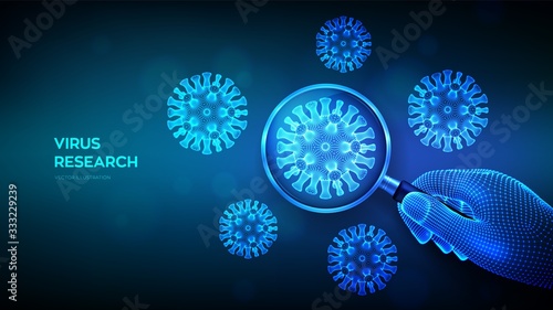 Virus research concept with magnifier in wireframe hand and abstract novel coronavirus bacteria. Magnifying glass and virus cell close up. Coronavirus 2019-nCov. COVID-19. 3D vector illustration.