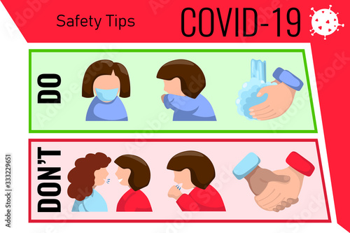 COVID-19 safety tips vector banner. Social distance, personal hygiene, coughing etiquette icon. Do and Don't on novel coronavirus
