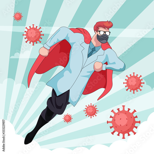Doctor superhero in the prevention against the virus covid-19