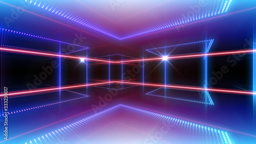 Disco club space illumination neon light room floor wall 3D illustration abstract background