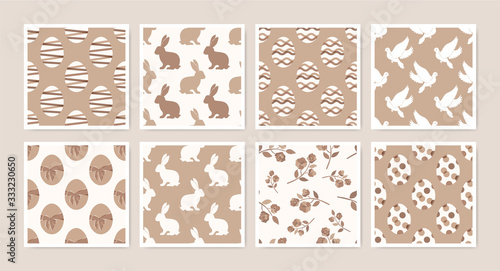 Happy Easter seamless pattern set of eggs, rabbit, pigeon, flower and wreath icons in brown pastel colors.