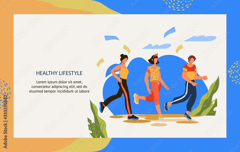 Healthy lifestyle banner template with people running or jogging in park. Active lifestyle and physical activity. Sport exercising for health and longevity. Flat cartoon vector illustration.